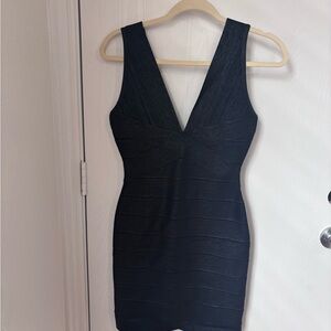 HERVE LEGER
Deep V Bandage Minidress In Black Foil  NWT
